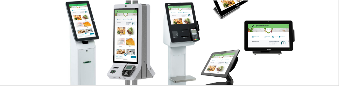 several self-order kiosks of various orientations and sizes